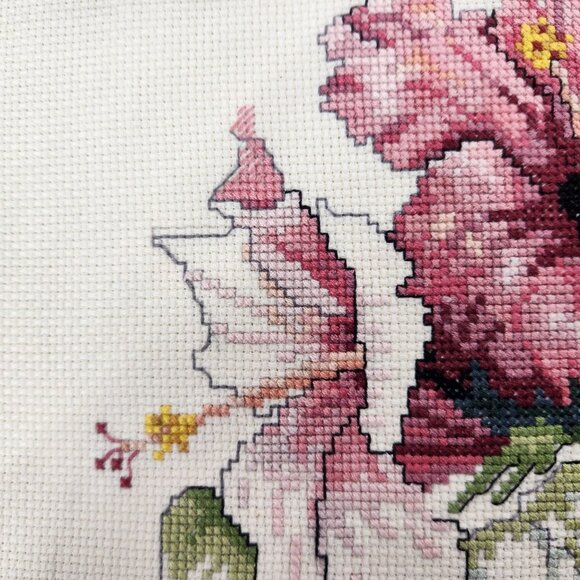Vintage Floral Cross Stitch Art Signed 1989 Pink Off White Hibiscus Unframed - Picture 5 of 9